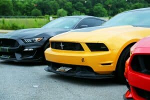 a black and yellow ford sports cars